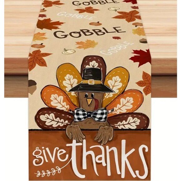 Thanksgiving Table Runner 13x108in Linen Give Thanks Turkey Fall NEW - Picture 2 of 2